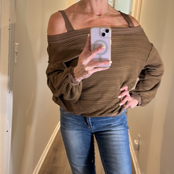 Free People Brown Off the shoulder shirt semi cropped long sleeve waffle top - Picture 4 of 15